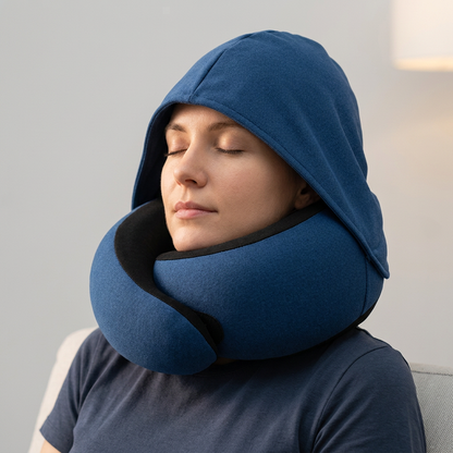 Personne portant le coussin bleu avec la capuche sur la tête