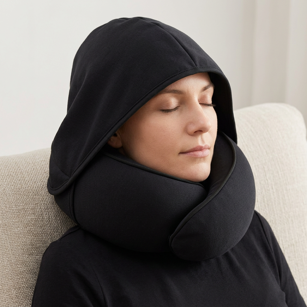 Personne portant le coussin noir avec la capuche sur la tête