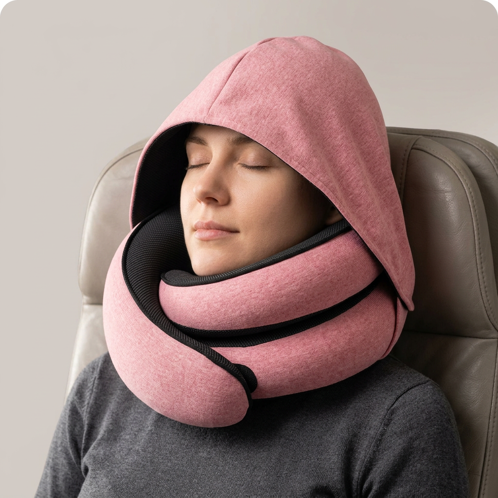 Personne portant le coussin rose avec la capuche sur la tête